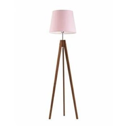 Lampa stojąca do salonu Aruba trójnóg drewniana glamour z jasnoróżowym abażurem Lysne 149 cm