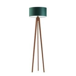 Lampa stojąca do salonu glamour Miami trójnóg z abażurem butelkowa zieleń drewno mahoń