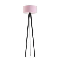Lampa stojąca do salonu glamour Miami trójnóg z abażurem różowym i drewnianą podstawą
