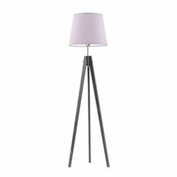 Lampa stojąca drewniana Aruba trójnóg z abażurem fioletowym do salonu glamour Lysne