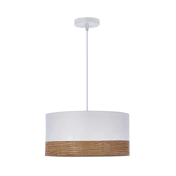 Lampa wisząca Bianco biała z abażurem tkanina orzech regulowana do salonu i kuchni
