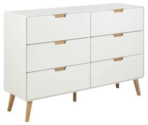 Komoda Lowell biała z 6 szufladami na dębowych nogach 135 cm nowoczesna do salonu