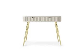 Toaletka Seda beżowa z ryflowanym frontem i szufladami, nowoczesna do sypialni na złotych nogach