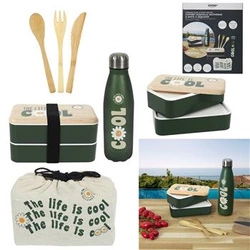 Lunchbox Intesi zielony dwupoziomowy z drewnianym wieczkiem i butelką do pracy lub szkoły