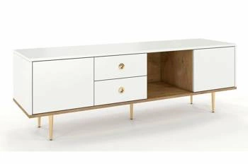 Szafka RTV biała 160 cm skandynawska z szufladami do salonu Harmoni H02 SKANDICA