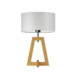 Lampka nocna Clio nowoczesna z abażurem jasny szary i dębową podstawą do sypialni LYSNE