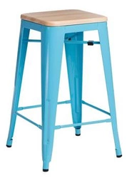 Hoker Paris Wood 65 cm niebieski industrialny metalowy z drewnianym siedziskiem do wyspy kuchennej