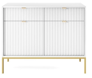 Komoda Delicious biała ryflowana z szufladami na złotych nogach 104 cm do salonu nowoczesna