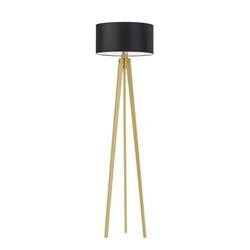 Lampa stojąca do salonu MIAMI czarna trójnóg glamour z abażurem i drewnianą podstawą