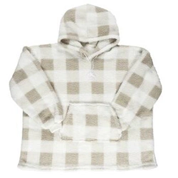 Bluzo koc Intesi snuddie ciepły beżowy w kratę z kapturem na kanapę 128 cm