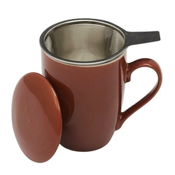 Kubek do herbaty z zaparzaczem i pokrywką Mira Intesi kamionka pomarańczowy elegancki