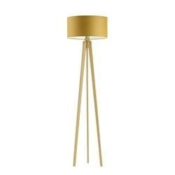 Lampa podłogowa stojąca do salonu Miami trójnóg abażur musztardowy dębowa podstawa Lysne