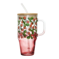 Szklany kubek Soleo 650ml z pokrywką i słomką do letnich napojów rustykalny czerwony Intesi