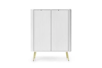 Komoda biała wysoka Seda na złotych nogach nowoczesna z półkami do salonu Intesi 129 cm