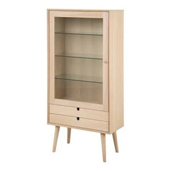 Nowoczesna witryna na książki z szufladami Century bielony dąb szkło do salonu 143 cm Actona