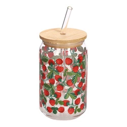 Szklanka do napoju z pokrywką i słomką Soleo 530 ml poziomki Intesi – letni design