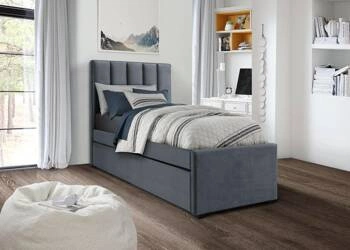 Łóżko młodzieżowe Ovilea welurowe szare 90x200 nowoczesne z wysuwanym miejscem do spania