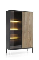 Regał na książki do salonu Novel industrialny czarny z dębem wotan z szufladą i LED Intesi