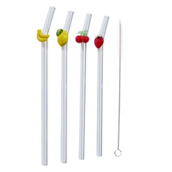 Zestaw 4 szklanych słomek Owoce ze        szczoteczką