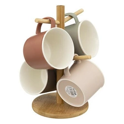 Zestaw 4 kubków ceramicznych Nature 380ml z drewnianym stojakiem do kawy i herbaty