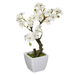 Sztuczne drzewko Bonsai kwitnąca Wiśnia Atmosphera biało-brązowe do salonu 26 cm