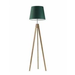 Lampa stojąca do salonu Aruba zielona z abażurem na dębowym trójnogu nowoczesna Lysne