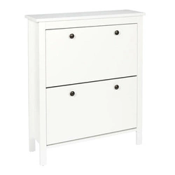 Wąska szafka na buty Meubl Intesi biała do przedpokoju, nowoczesna, z metalowymi uchwytami