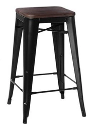 Hoker Paris Wood 65 cm industrialny czarny metal z drewnianym siedziskiem do wyspy kuchennej