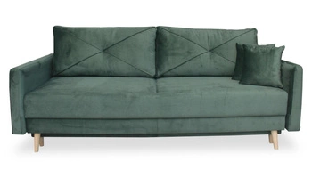Sofa rozkładana z funkcją spania Saxo zielona 2 osobowa do salonu z pojemnikiem na pościel