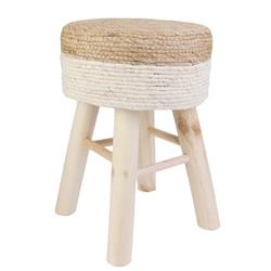 Stołek boho Bolsa biały i naturalny do salonu i sypialni drewniany miękki Intesi