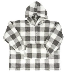Bluzo koc Intesi snuddie ciepły z kapturem szary w kratę na kanapę do salonu