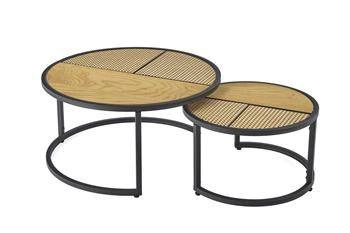 Zestaw 2 okrągłych stolików kawowych Namiga boho rattan dąb złoty i czarny do salonu 2w1