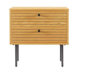 Szafka nocna Lattes 50x40 cm z 2 szufladami w stylu skandynawskim, naturalny dąb i czarny metal